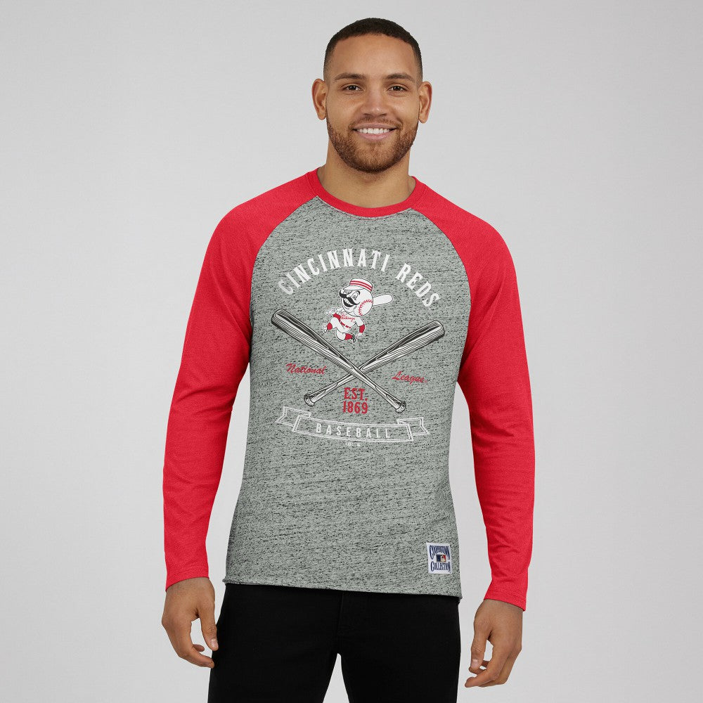 Cincinnati Reds Darius Rucker Collection by Fanatics Raw Edge Raglan Long Sleeve Baseball T-Shirt - Heather Gray T-shirts