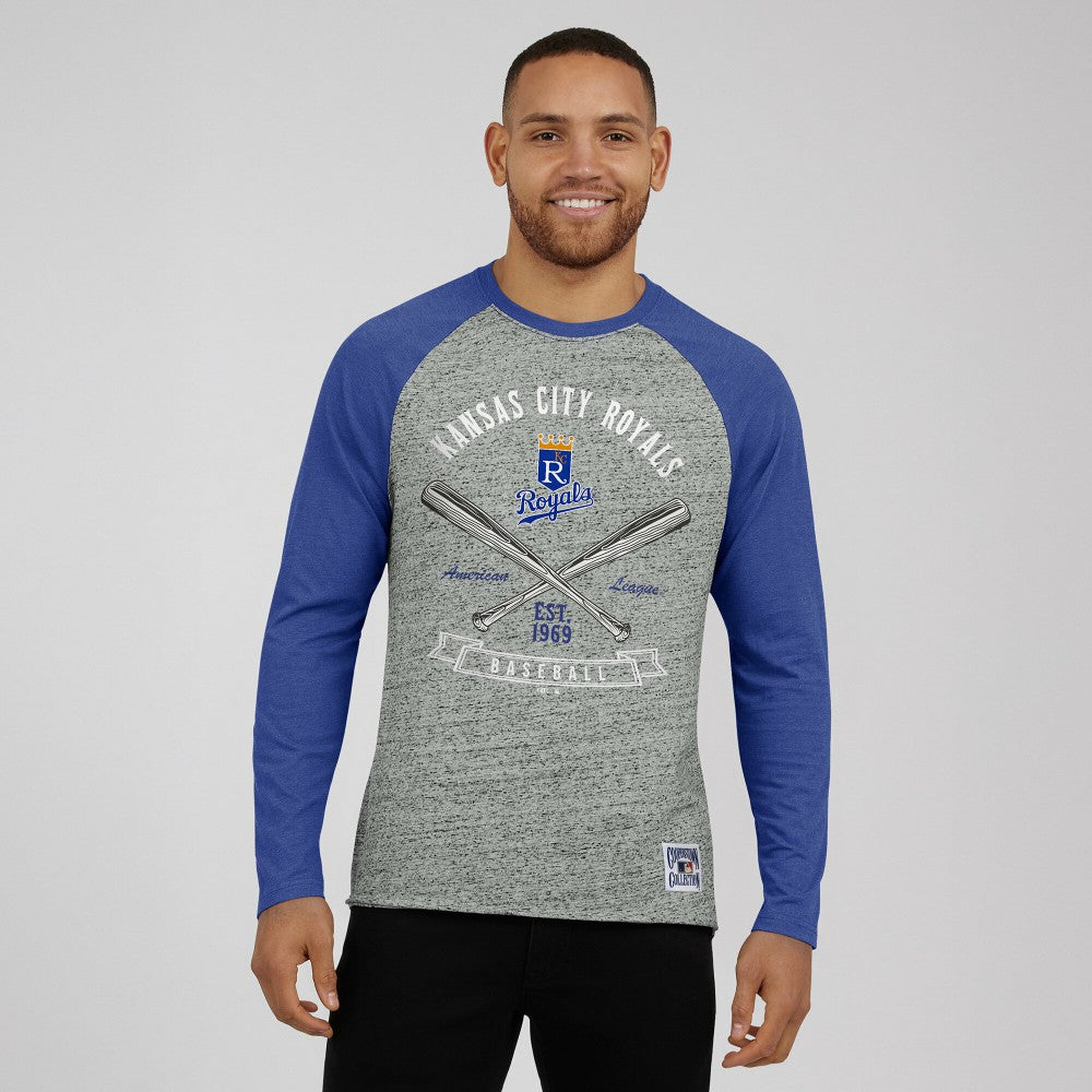 Kansas City Royals Darius Rucker Collection by Fanatics Raw Edge Raglan Long Sleeve Baseball T-Shirt - Heather Gray T-shirts