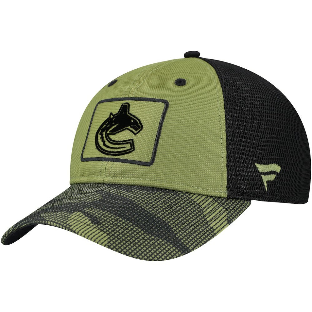 NHL Vancouver Canucks Fanatics Military Appreciation Trucker Adjustable Hat - Olive