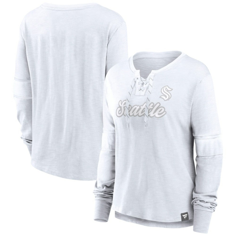NHL Seattle Kraken Fanatics Women's White Out Lace-Up Fashion Long Sleeve T-Shirt