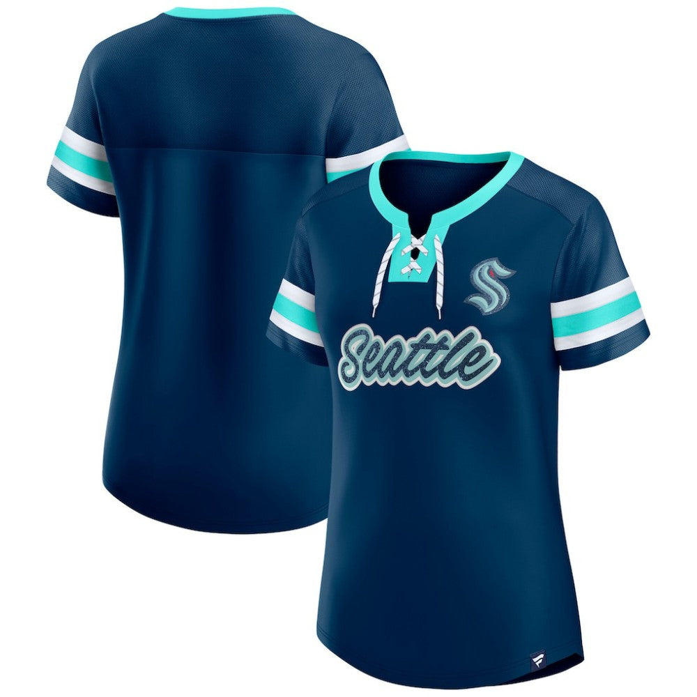NHL Seattle Kraken Fanatics Women's Iconic Athena Lace-Up T-Shirt - Deep Sea Blue