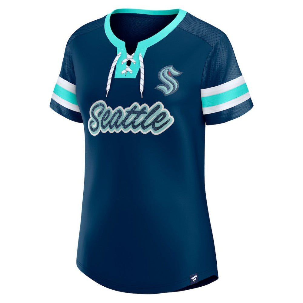 NHL Seattle Kraken Fanatics Women's Iconic Athena Lace-Up T-Shirt - Deep Sea Blue