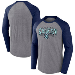 NHL Seattle Kraken Fanatics Goal Crease Raglan Tri-Blend Long Sleeve T-Shirt - Heather Gray/Heather Deep Sea Blue
