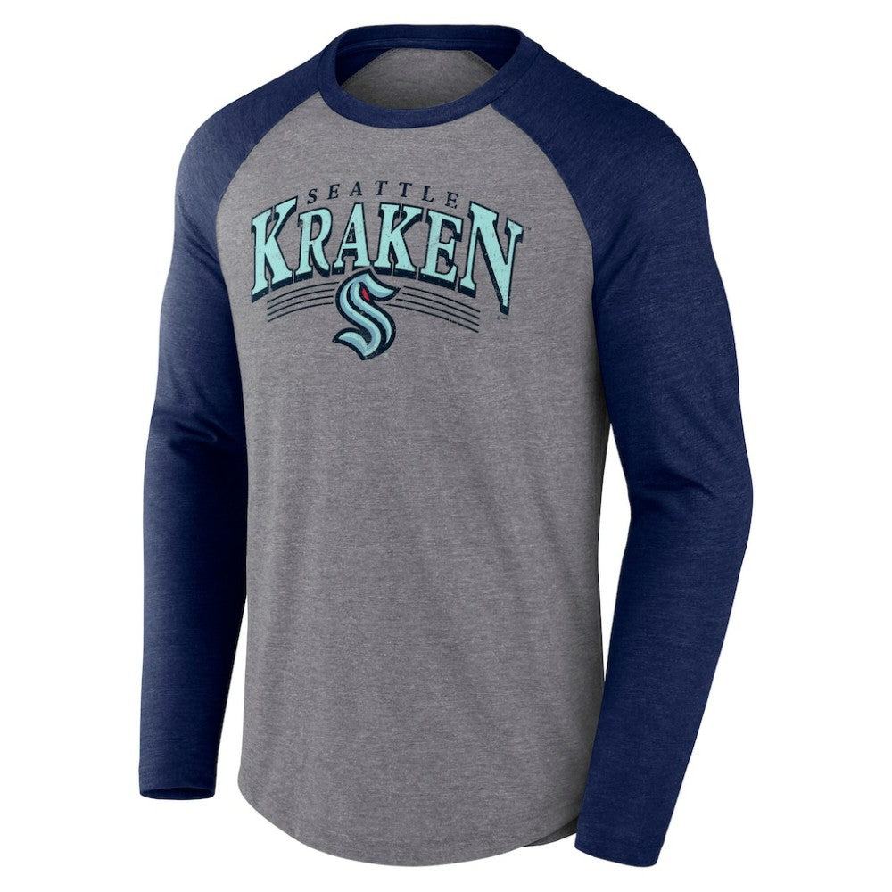 NHL Seattle Kraken Fanatics Goal Crease Raglan Tri-Blend Long Sleeve T-Shirt - Heather Gray/Heather Deep Sea Blue