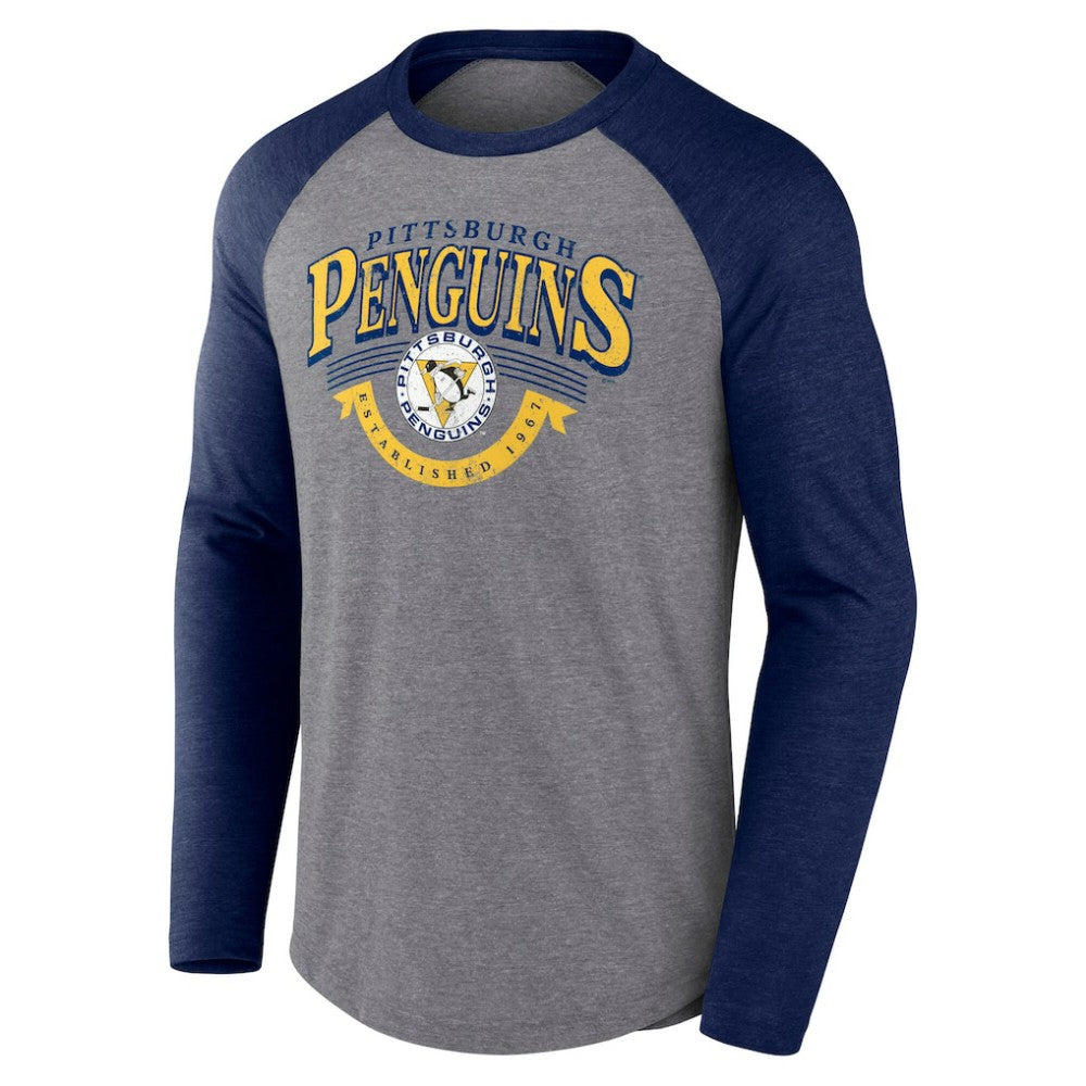 NHL Pittsburgh Penguins Fanatics Goal Crease Raglan Tri-Blend Long Sleeve T-Shirt - Heather Gray/Heather Navy