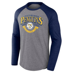 NHL Pittsburgh Penguins Fanatics Goal Crease Raglan Tri-Blend Long Sleeve T-Shirt - Heather Gray/Heather Navy