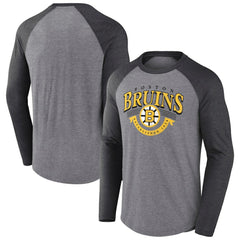 NHL Boston Bruins Fanatics Goal Crease Raglan Tri-Blend Long Sleeve T-Shirt - Heather Gray/Heather Charcoal
