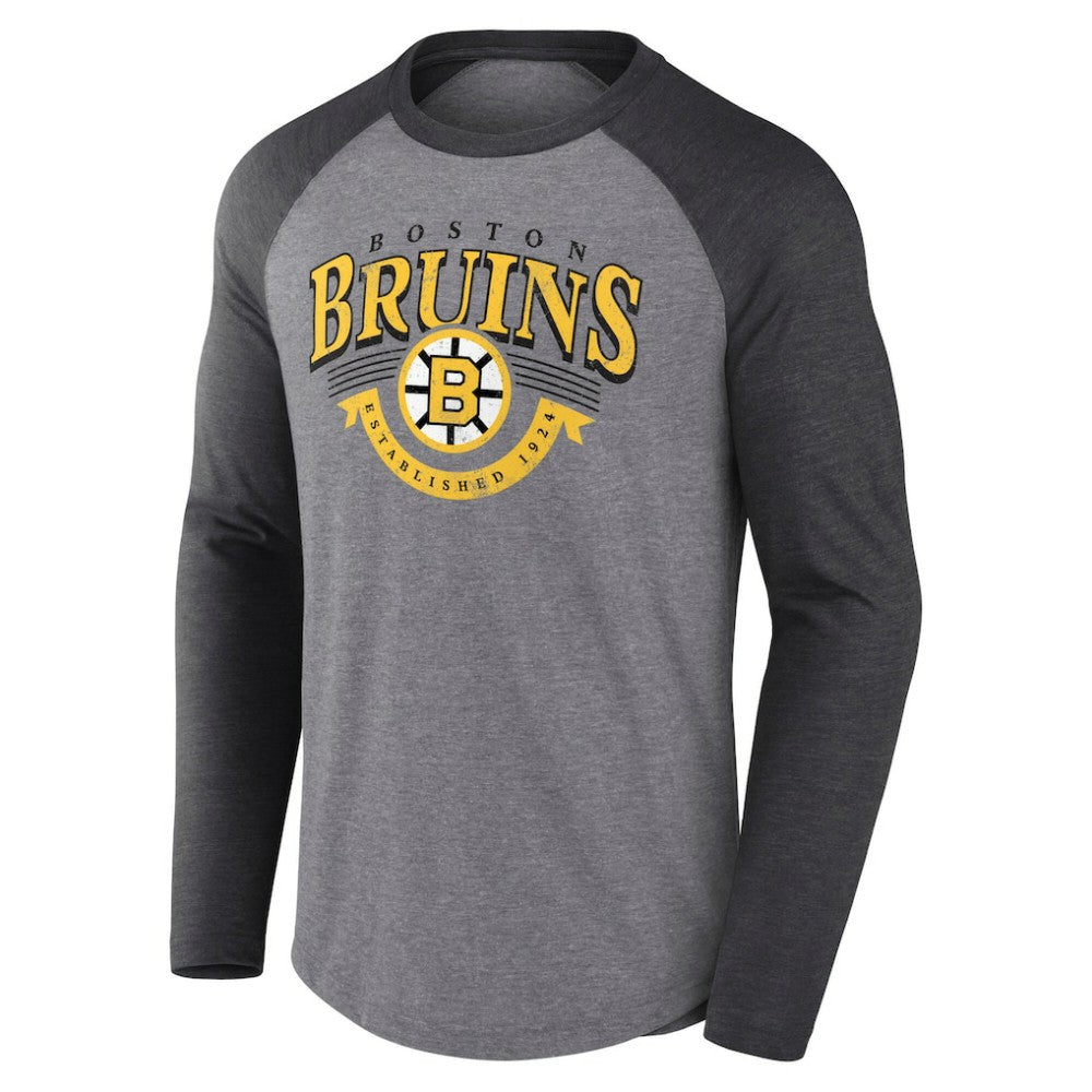 NHL Boston Bruins Fanatics Goal Crease Raglan Tri-Blend Long Sleeve T-Shirt - Heather Gray/Heather Charcoal
