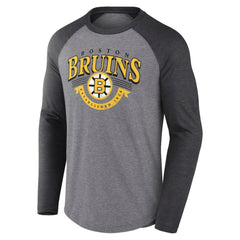NHL Boston Bruins Fanatics Goal Crease Raglan Tri-Blend Long Sleeve T-Shirt - Heather Gray/Heather Charcoal