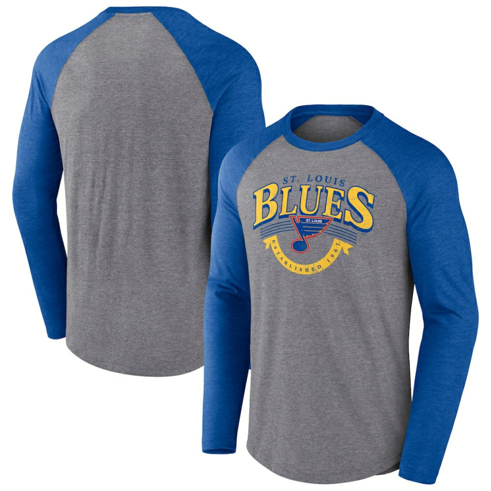 NHL St. Louis Blues Fanatics Goal Crease Raglan Tri-Blend Long Sleeve T-Shirt - Heather Gray/Heather Blue