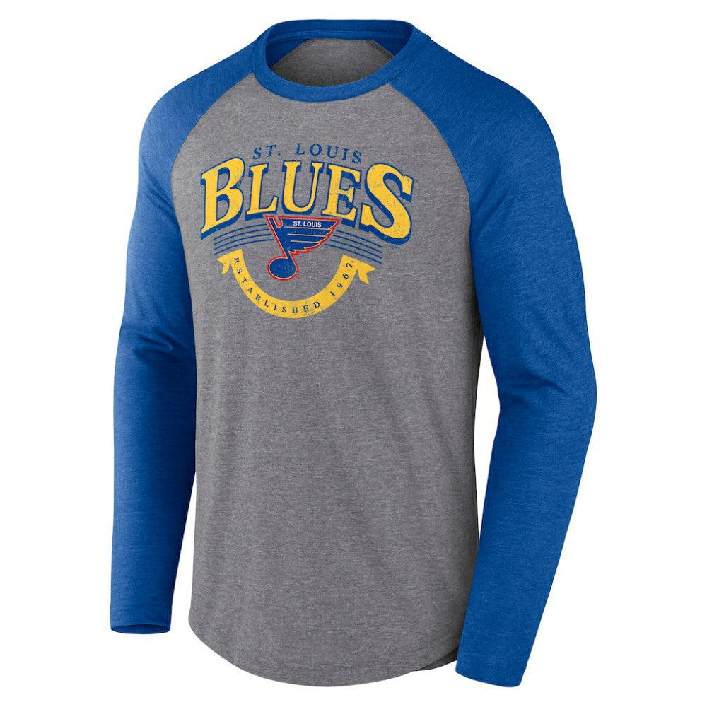 NHL St. Louis Blues Fanatics Goal Crease Raglan Tri-Blend Long Sleeve T-Shirt - Heather Gray/Heather Blue