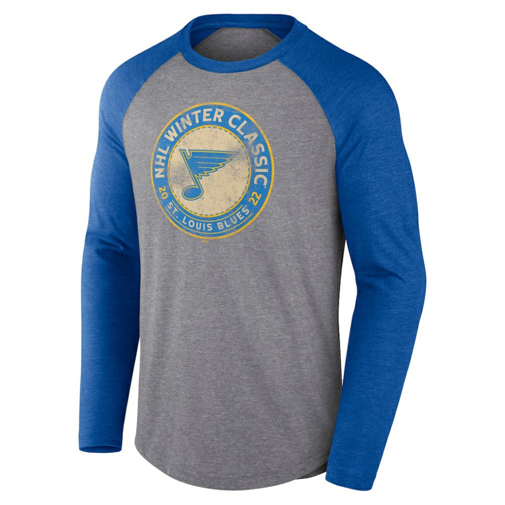 NHL St. Louis Blues Fanatics 2022 NHL Winter Classic Vintage Distressed Raglan Tri-Blend Long Sleeve T-Shirt - Heather Gray/Heather Blue