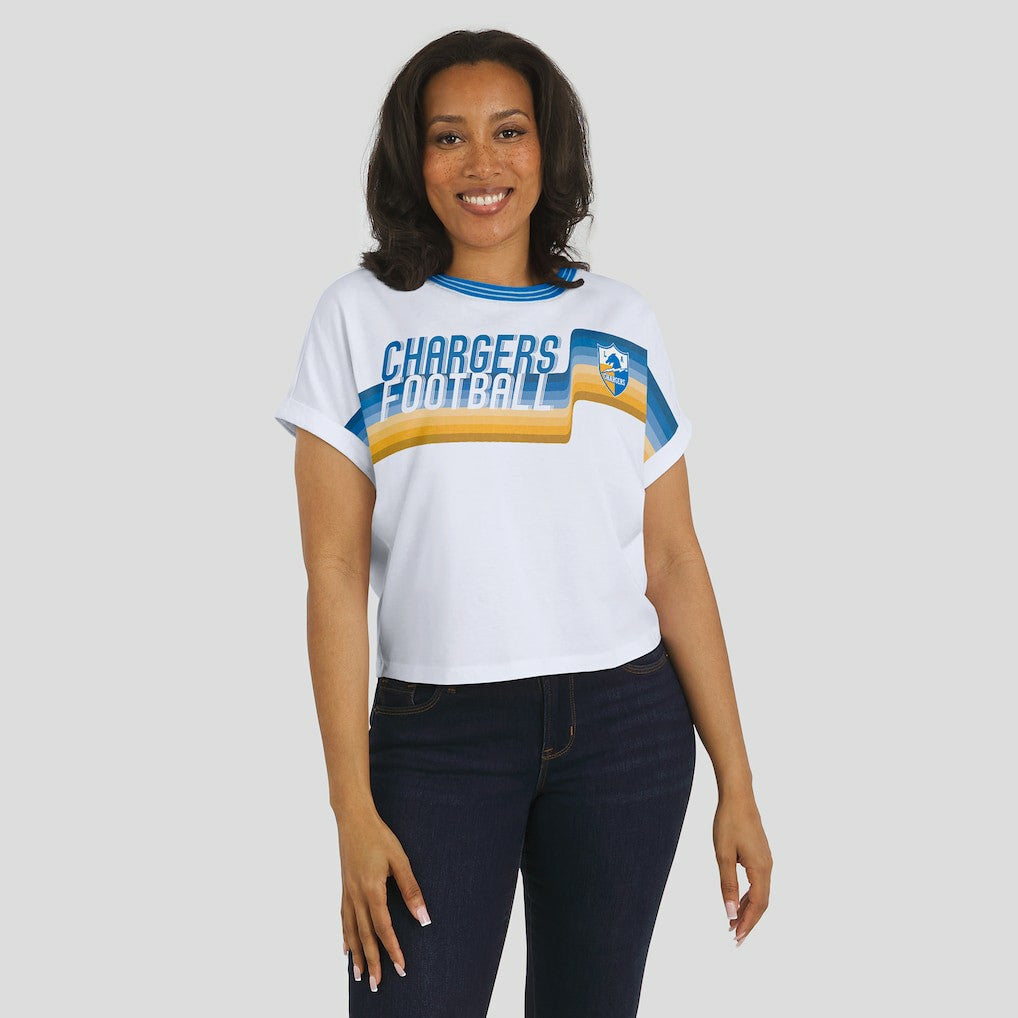 Los Angeles Chargers WEAR by Erin Andrews Women's Cropped Center Stripe Dolman T-Shirt White