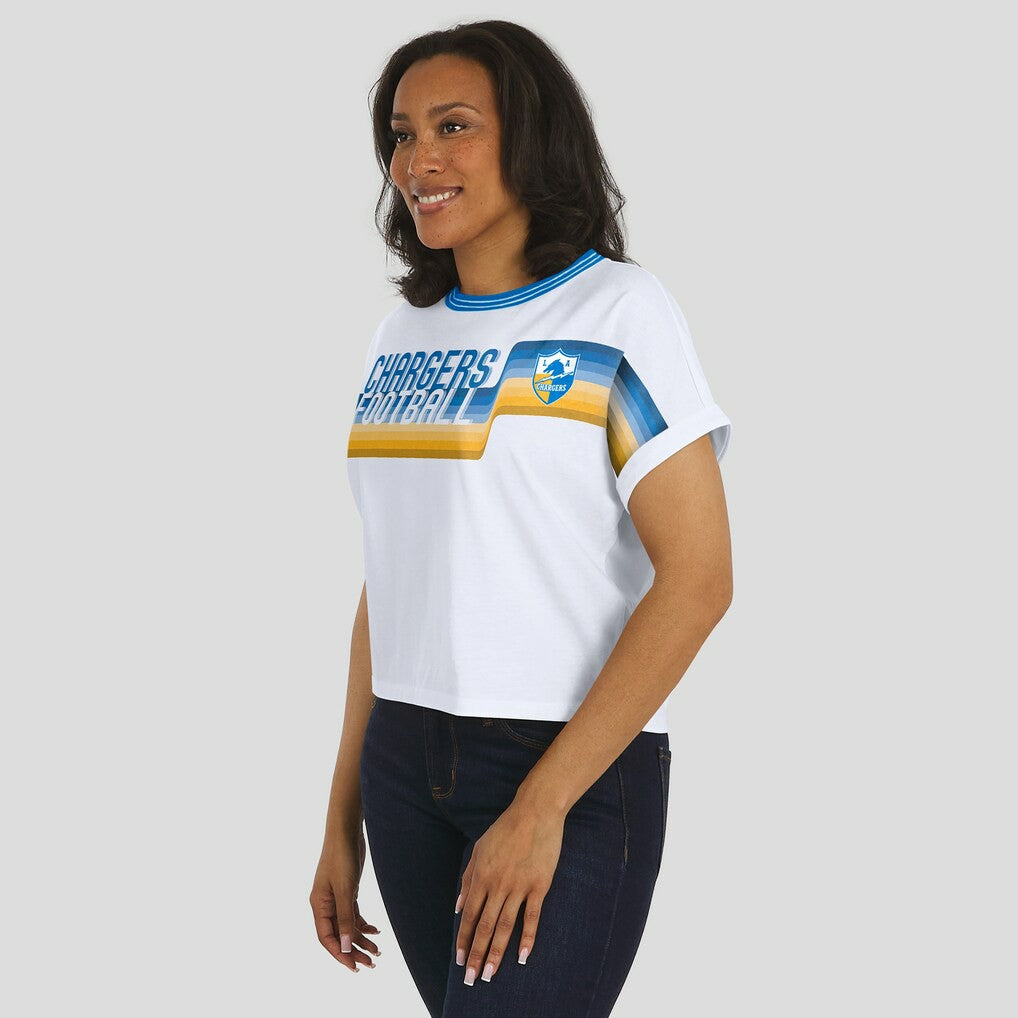 Los Angeles Chargers WEAR by Erin Andrews Women's Cropped Center Stripe Dolman T-Shirt White