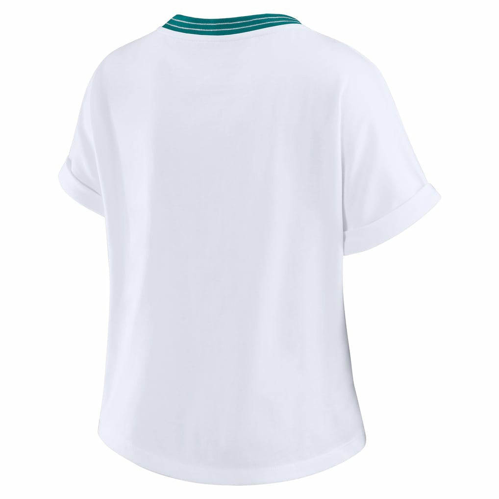 Miami Dolphins WEAR by Erin Andrews Women's Cropped Center Stripe Dolman T-Shirt White