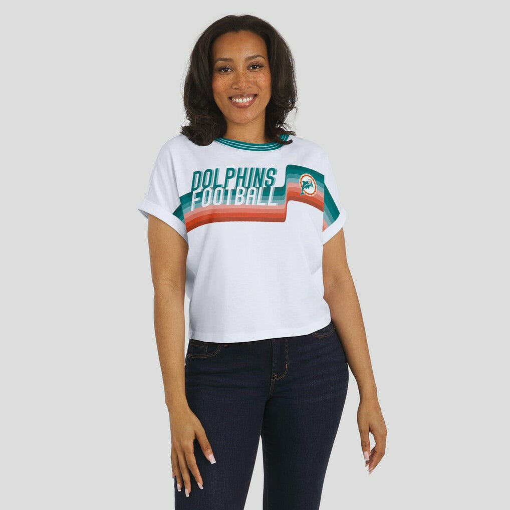 Miami Dolphins WEAR by Erin Andrews Women's Cropped Center Stripe Dolman T-Shirt White