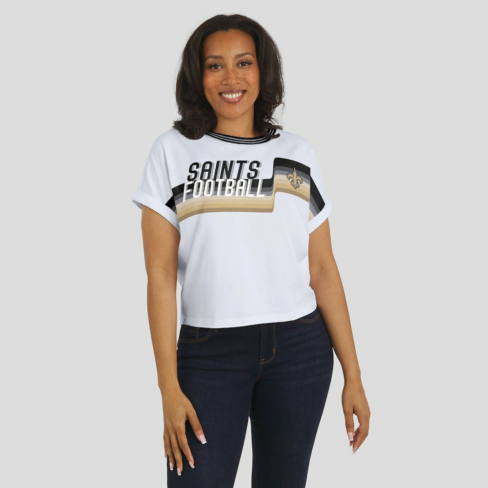 New Orleans Saints WEAR by Erin Andrews Women's Cropped Center Stripe Dolman T-Shirt White