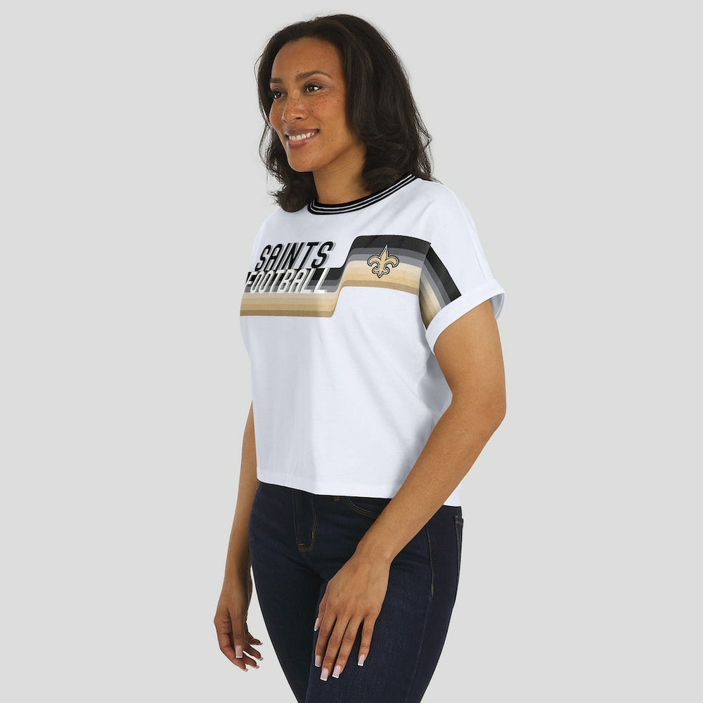 New Orleans Saints WEAR by Erin Andrews Women's Cropped Center Stripe Dolman T-Shirt White