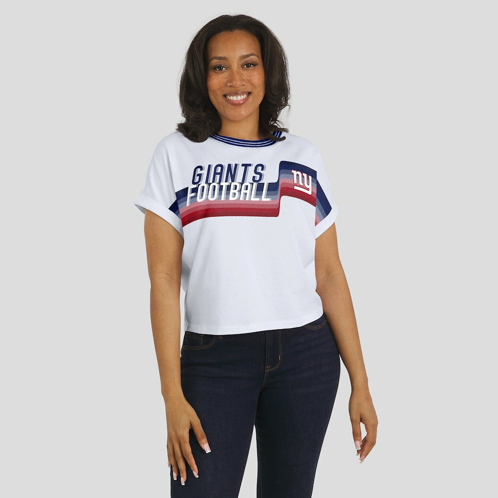New York Giants WEAR by Erin Andrews Women's Cropped Center Stripe Dolman T-Shirt White