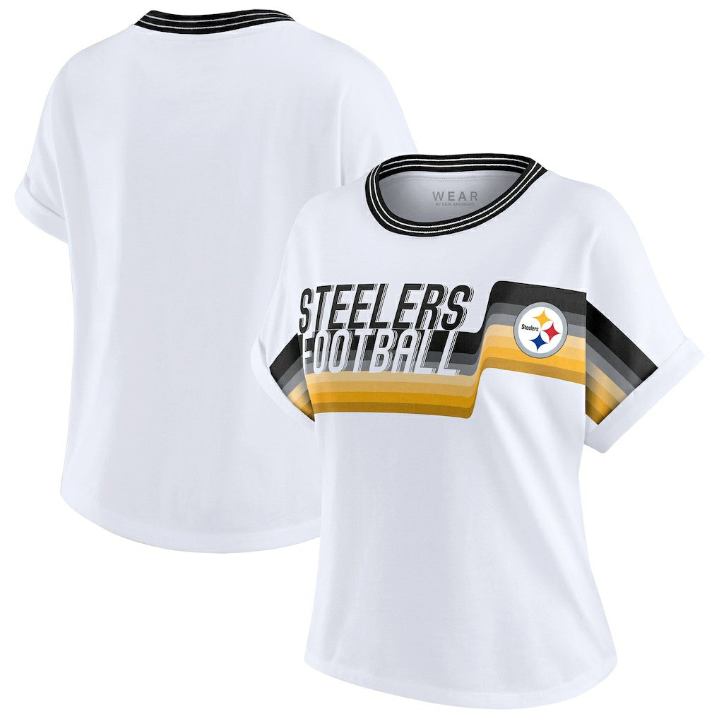 Pittsburgh Steelers WEAR by Erin Andrews Women's Cropped Center Stripe Dolman T-Shirt White