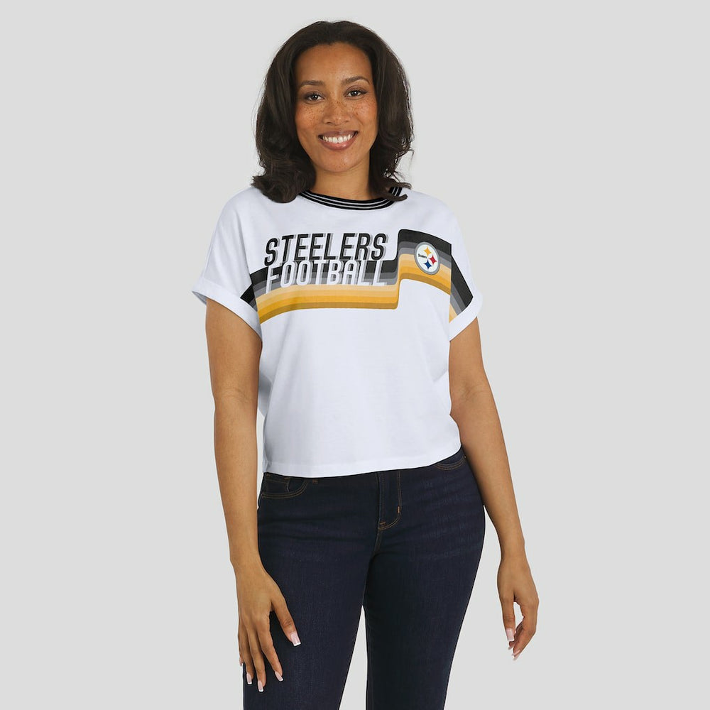 Pittsburgh Steelers WEAR by Erin Andrews Women's Cropped Center Stripe Dolman T-Shirt White