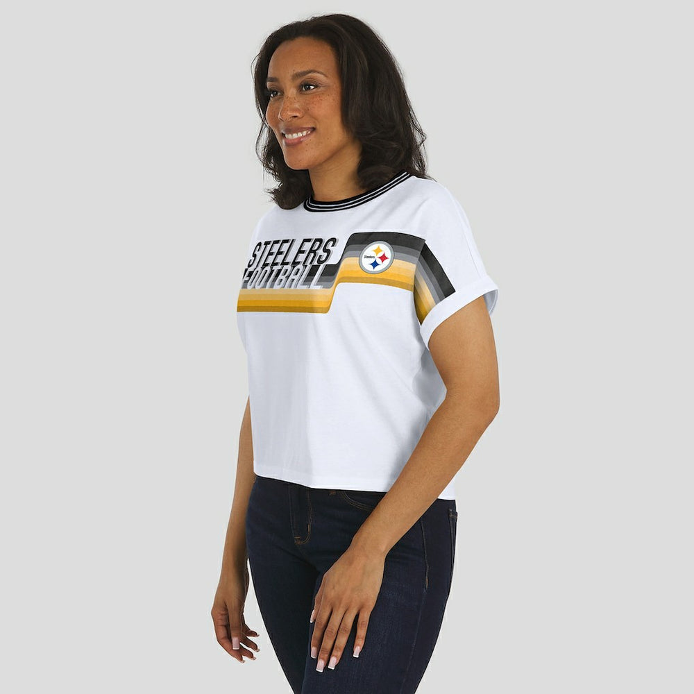 Pittsburgh Steelers WEAR by Erin Andrews Women's Cropped Center Stripe Dolman T-Shirt White