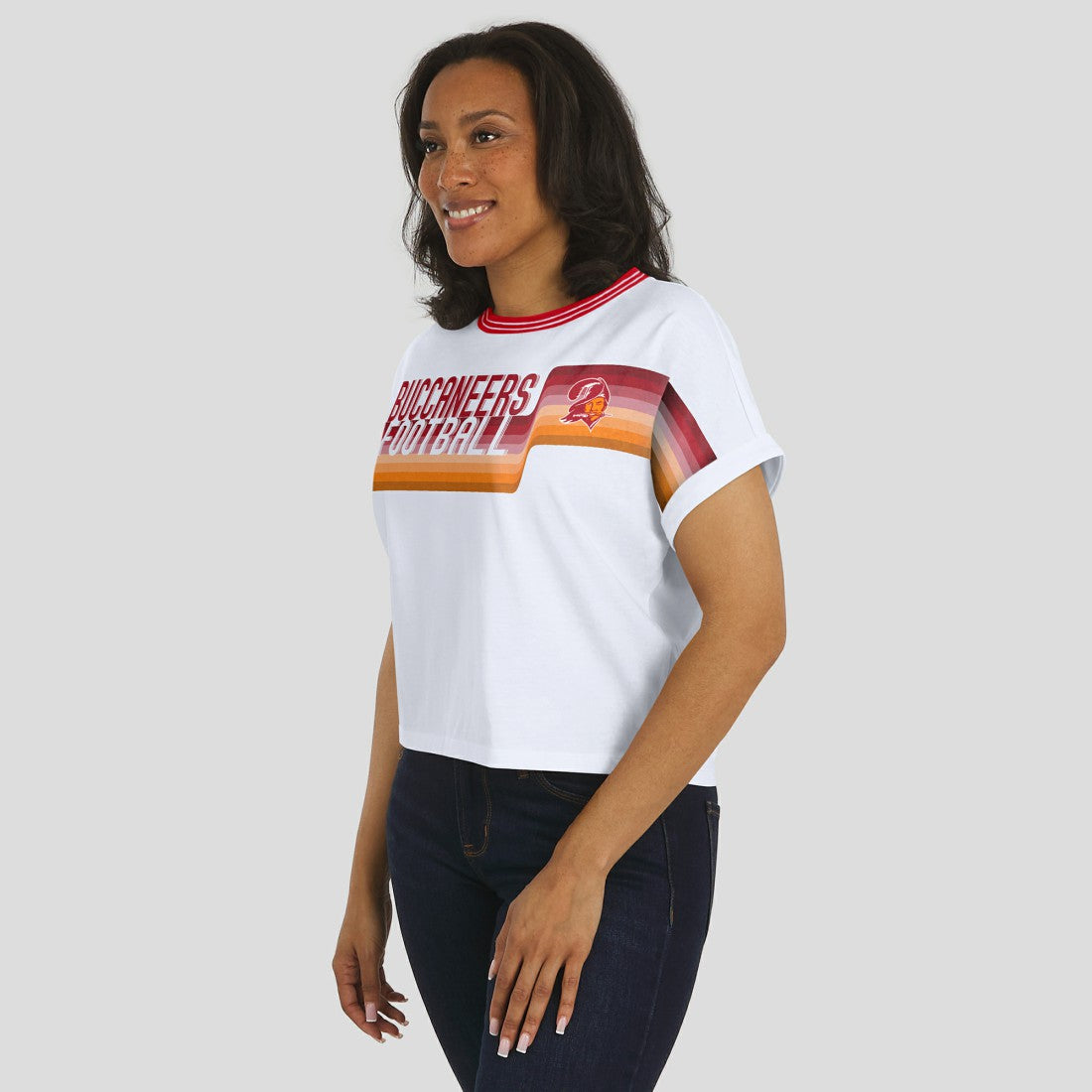 Tampa Bay Buccaneers WEAR by Erin Andrews Women's Cropped Center Stripe Dolman T-Shirt White