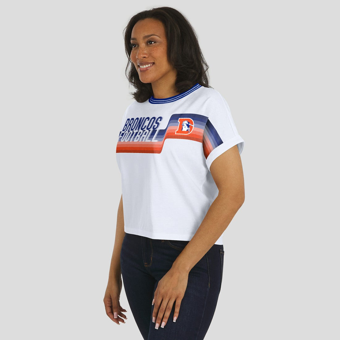 Denver Broncos WEAR by Erin Andrews Women's Cropped Center Stripe Dolman T-Shirt White