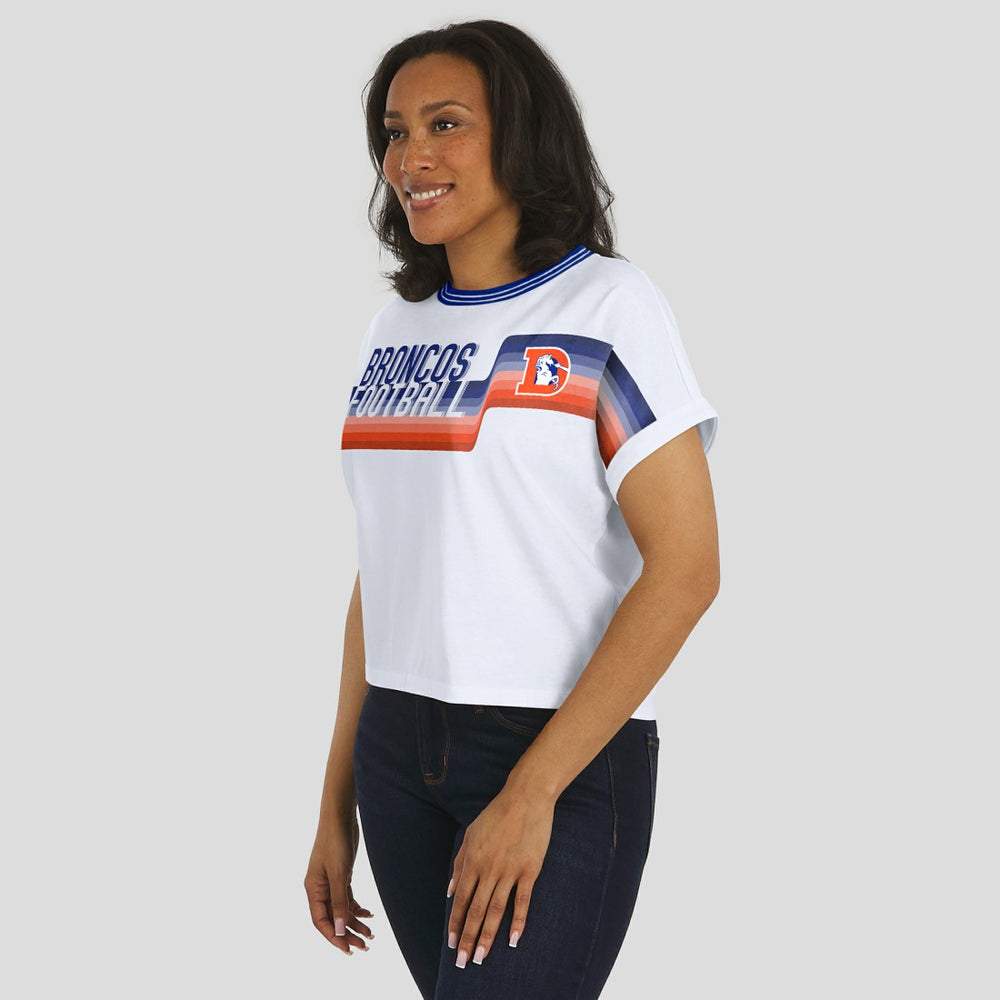 Denver Broncos WEAR by Erin Andrews Women's Cropped Center Stripe Dolman T-Shirt White