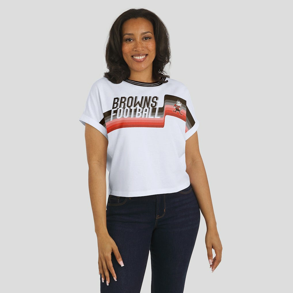 Cleveland Browns WEAR by Erin Andrews Women's Cropped Center Stripe Dolman T-Shirt White