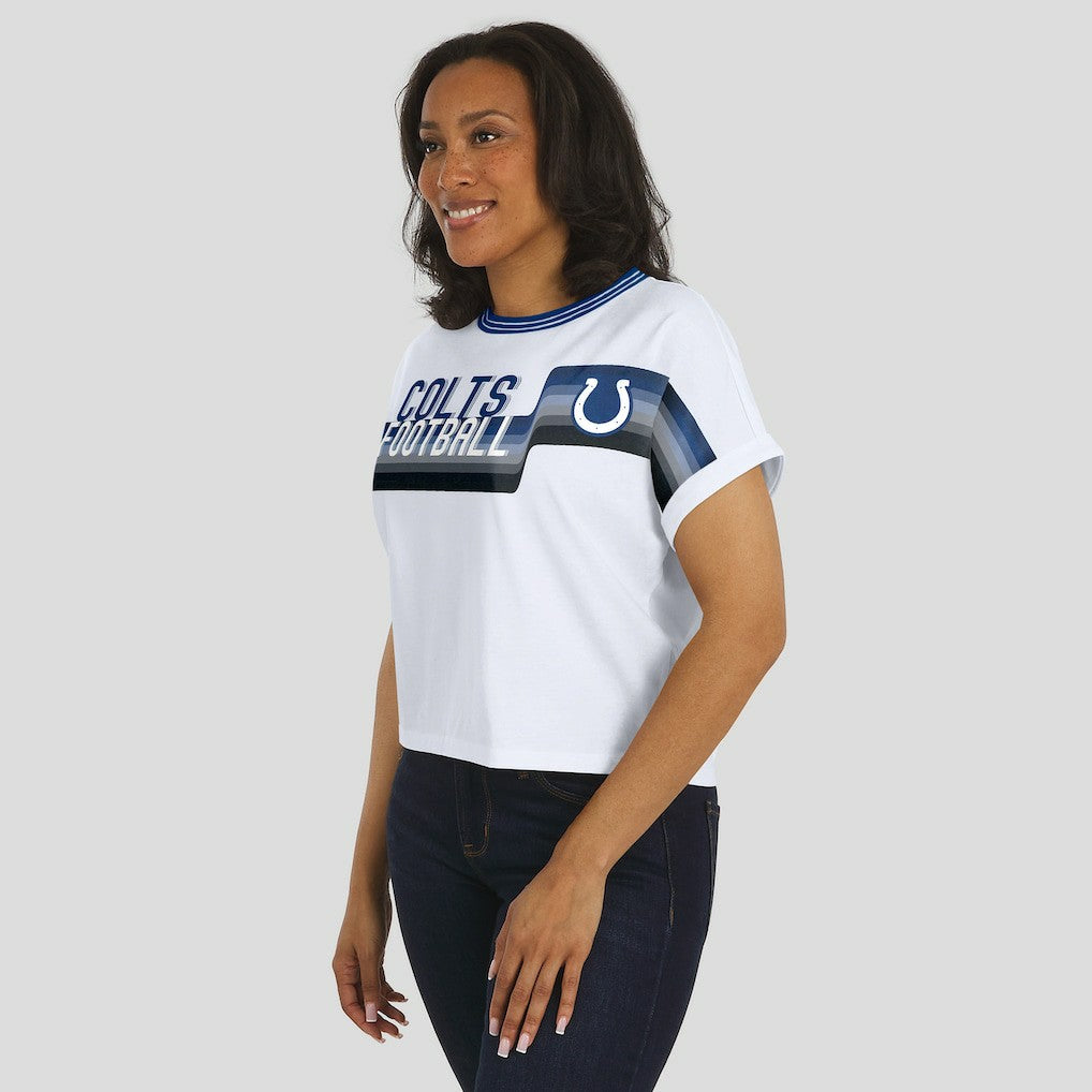 Indianapolis Colts WEAR by Erin Andrews Women's Cropped Center Stripe Dolman T-Shirt White