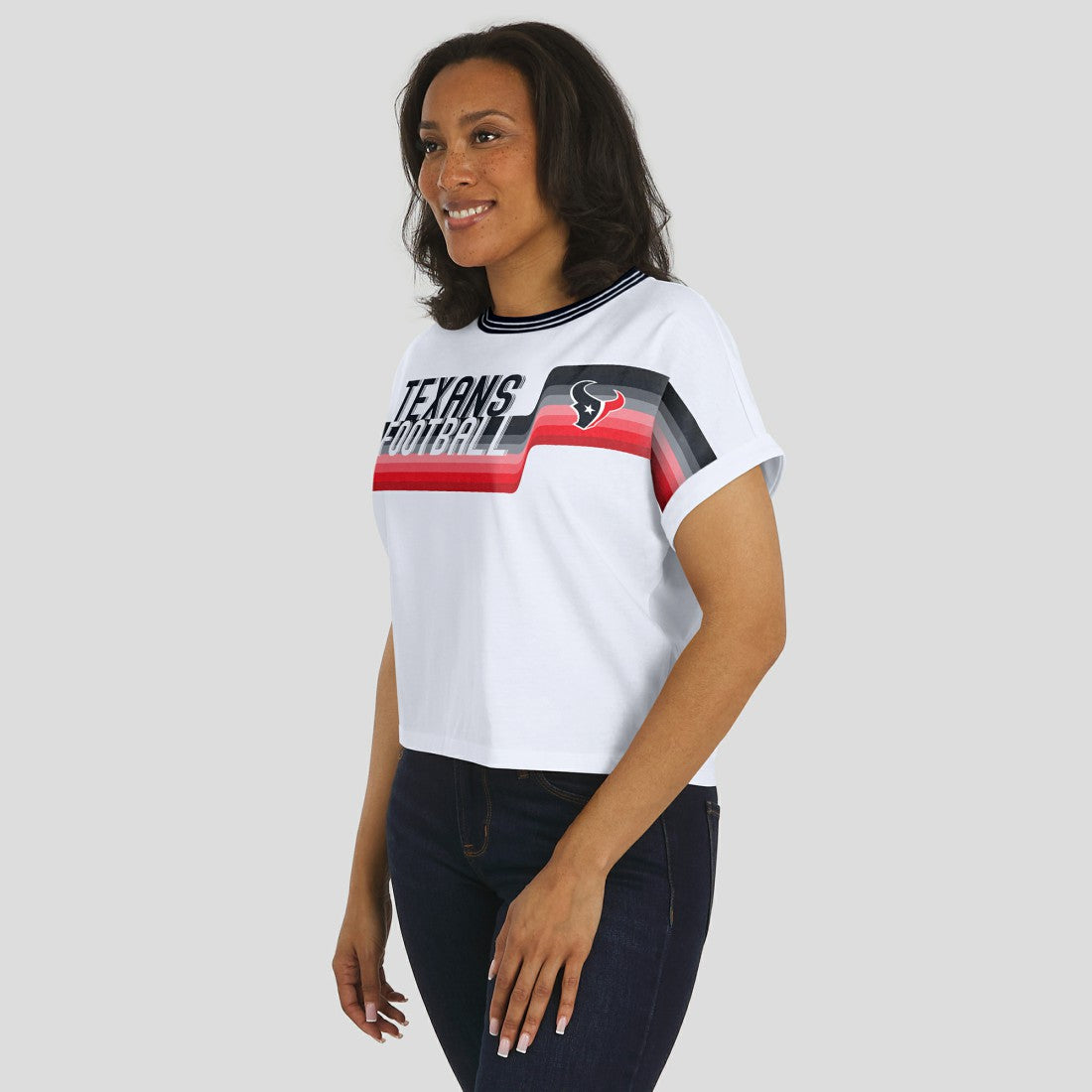 Houston Texans WEAR by Erin Andrews Women's Cropped Center Stripe Dolman T-Shirt White