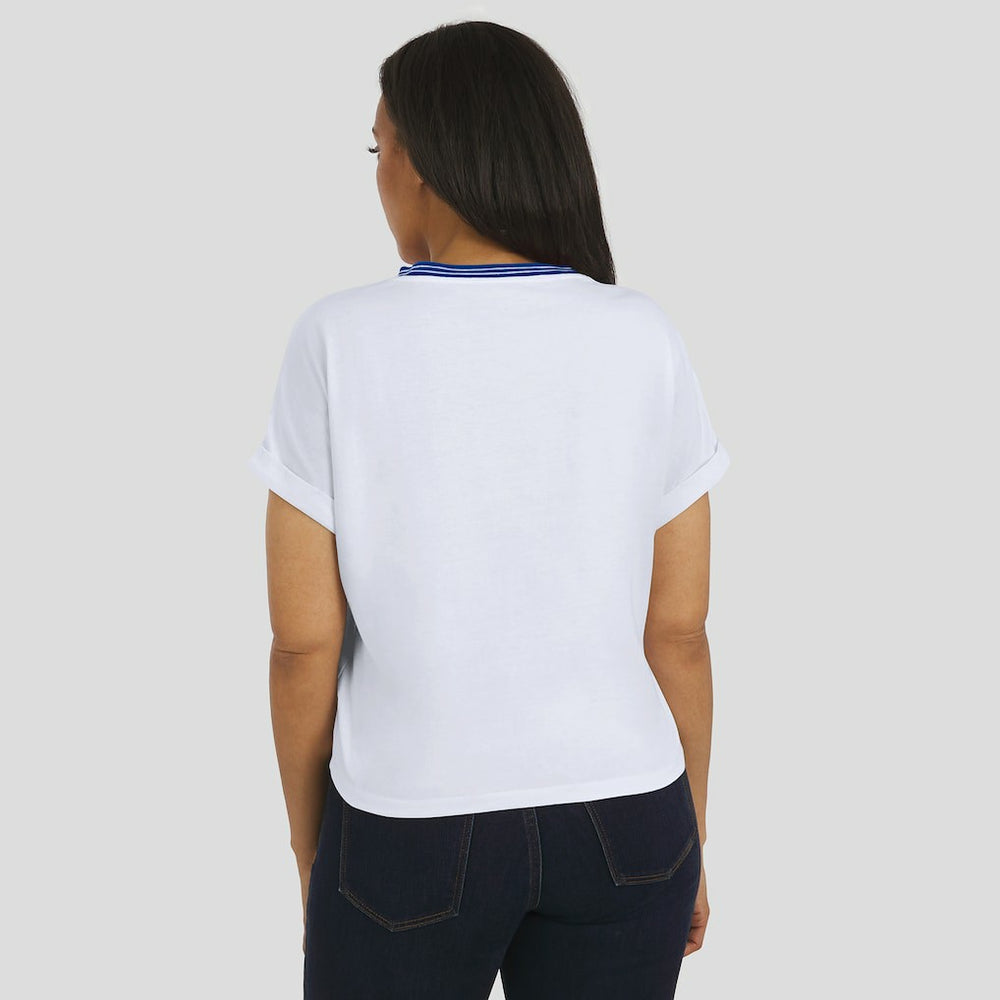Buffalo Bills WEAR by Erin Andrews Women's Cropped Center Stripe Dolman T-Shirt White