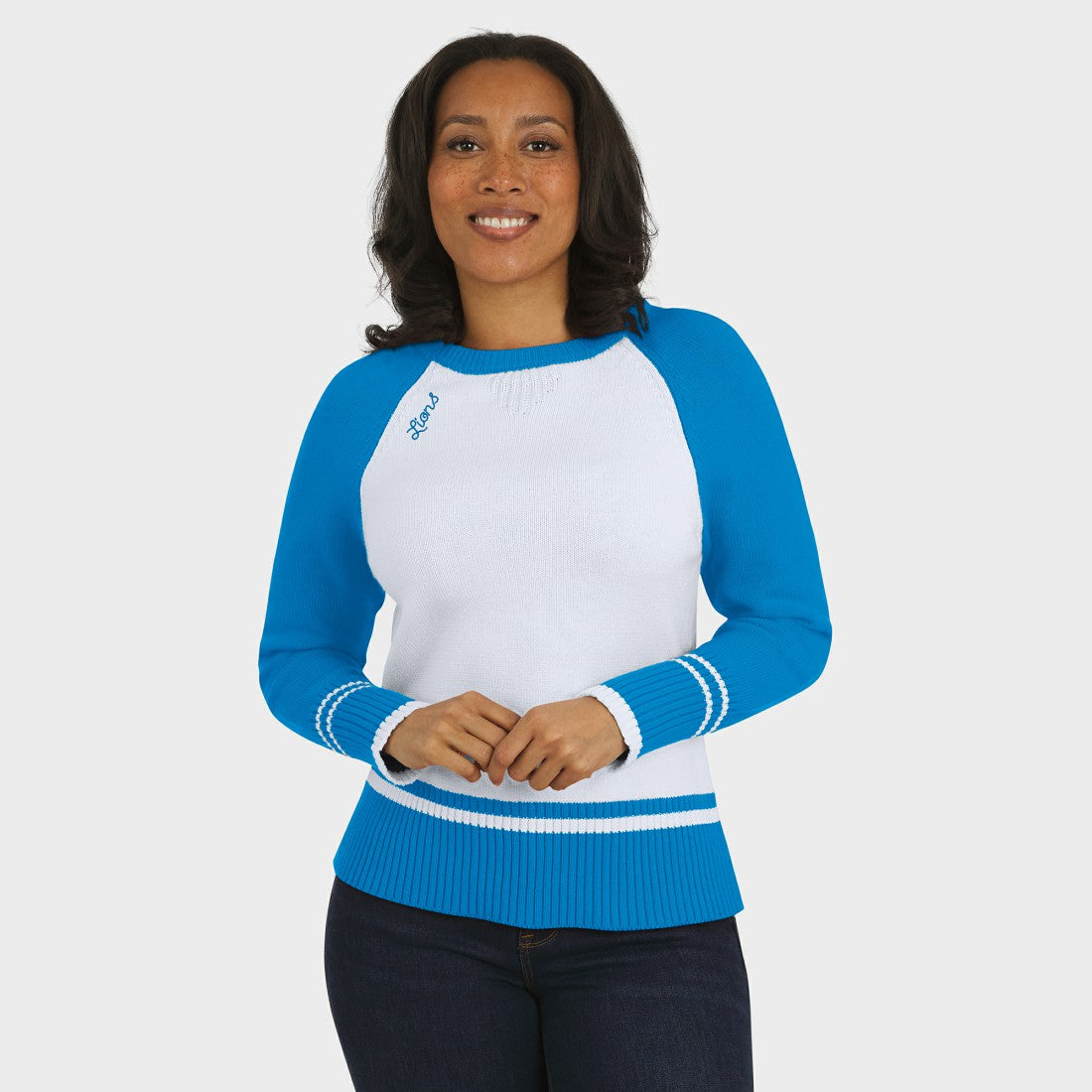Detroit Lions WEAR by Erin Andrews Women's Colorblock Raglan Sweater White/Blue