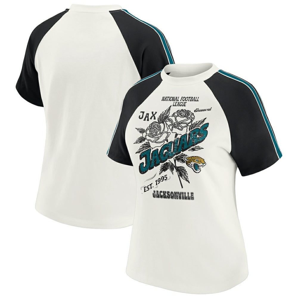 Jacksonville Jaguars WEAR by Erin Andrews Women's Sleeve Stripe Distressed Raglan T-Shirt White