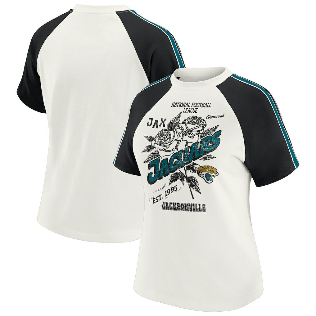 Jacksonville Jaguars WEAR by Erin Andrews Women's Sleeve Stripe Distressed Raglan T-Shirt White