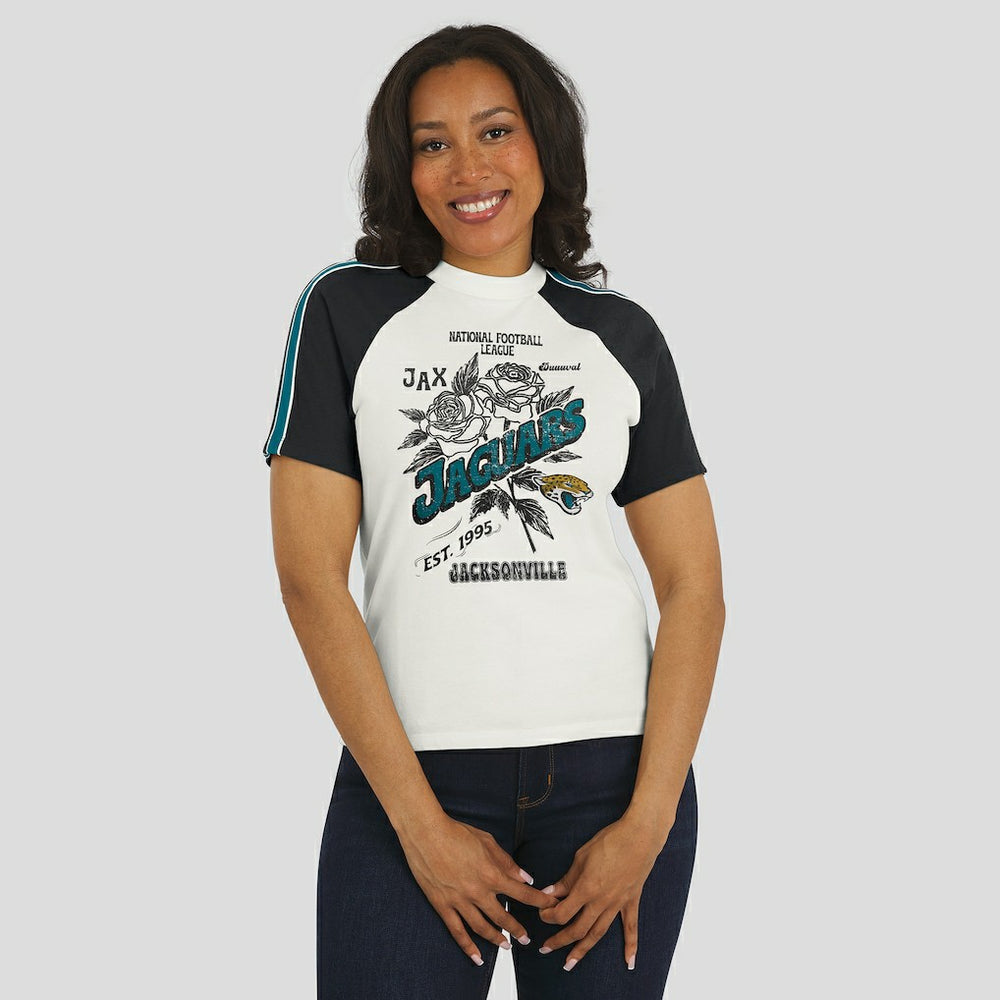 Jacksonville Jaguars WEAR by Erin Andrews Women's Sleeve Stripe Distressed Raglan T-Shirt White