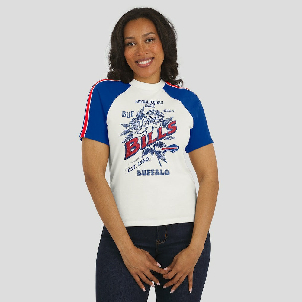 Buffalo Bills WEAR by Erin Andrews Women's Sleeve Stripe Distressed Raglan T-Shirt White