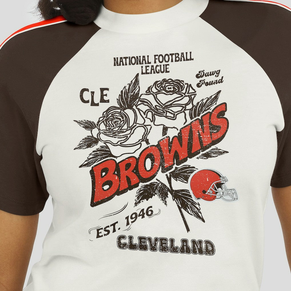 Cleveland Browns WEAR by Erin Andrews Women's Sleeve Stripe Distressed Raglan T-Shirt White