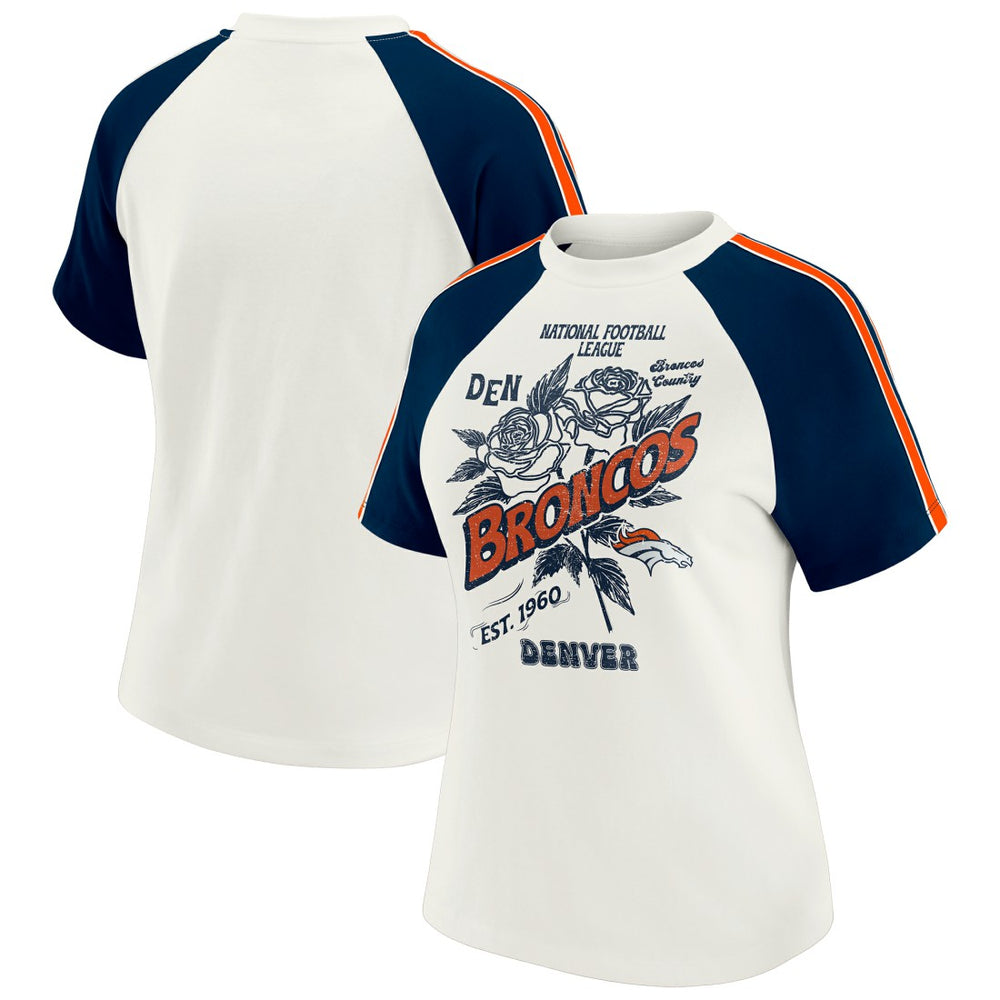 Denver Broncos WEAR by Erin Andrews Women's Sleeve Stripe Distressed Raglan T-Shirt White