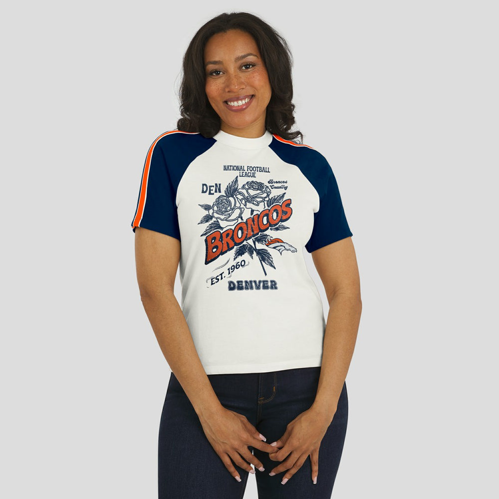 Denver Broncos WEAR by Erin Andrews Women's Sleeve Stripe Distressed Raglan T-Shirt White