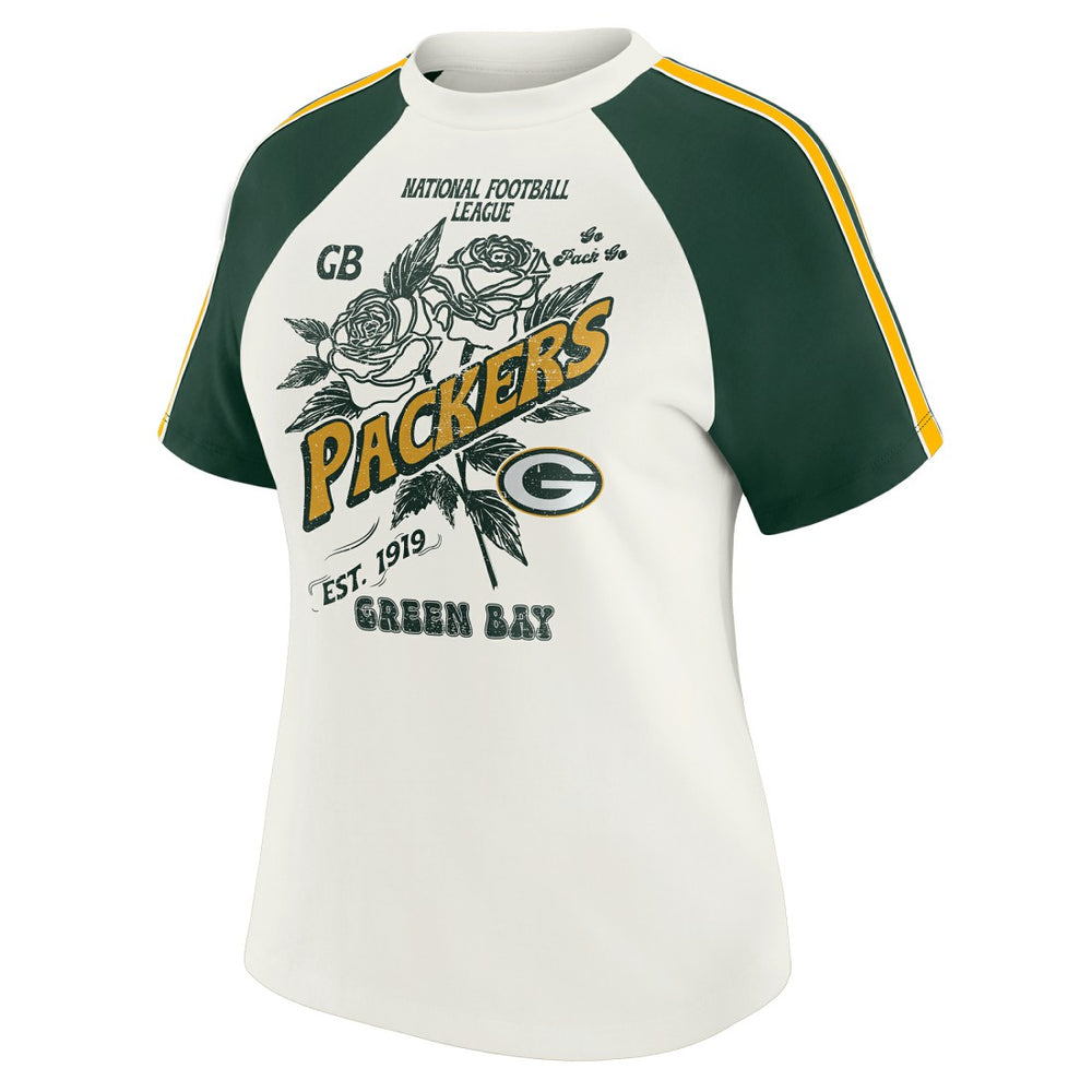 Green Bay Packers WEAR by Erin Andrews Women's Sleeve Stripe Distressed Raglan T-Shirt White