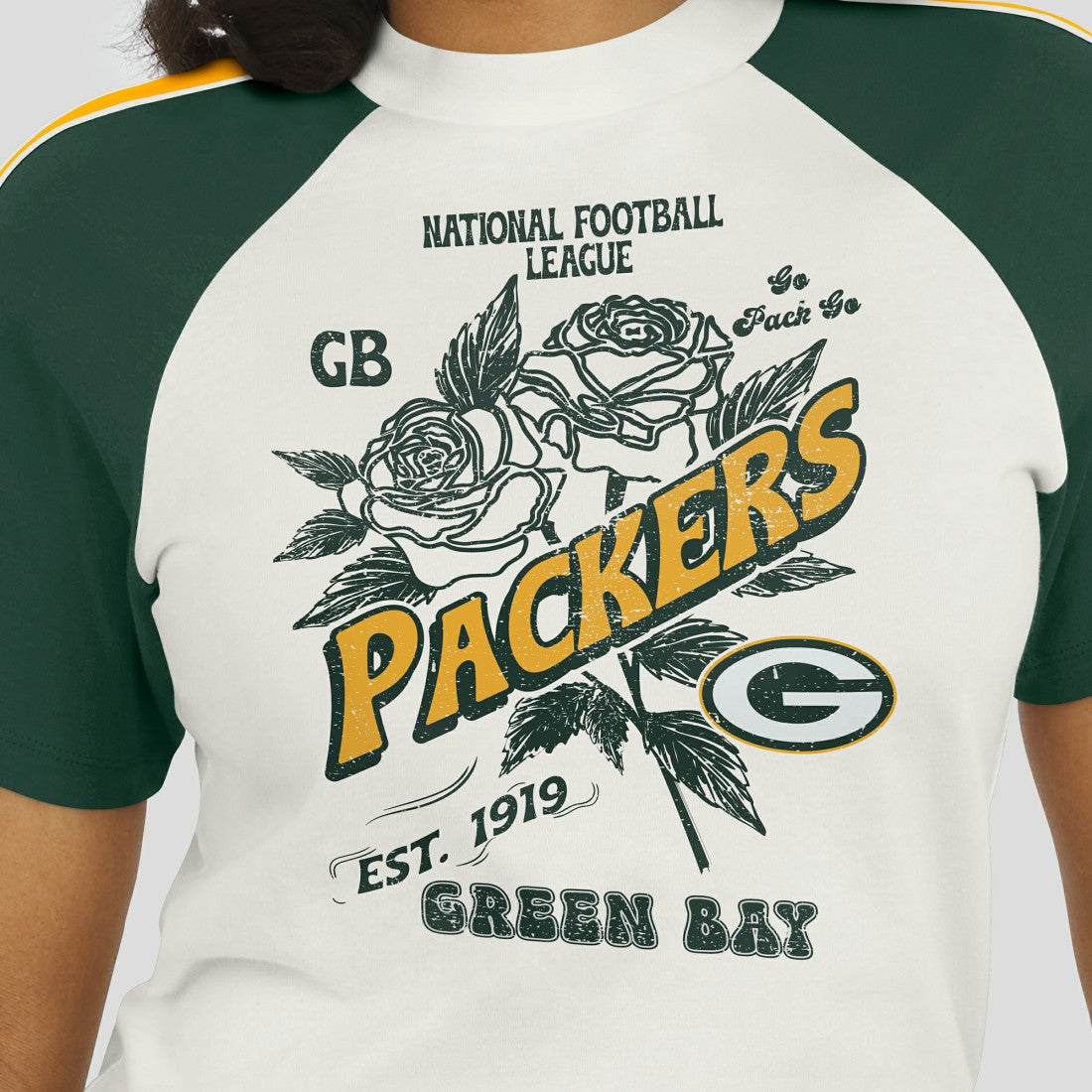 Green Bay Packers WEAR by Erin Andrews Women's Sleeve Stripe Distressed Raglan T-Shirt White