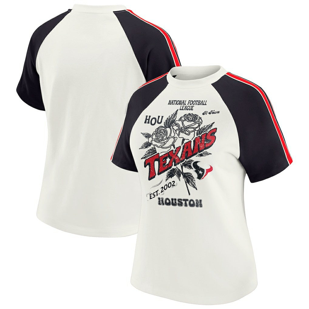 Houston Texans WEAR by Erin Andrews Women's Sleeve Stripe Distressed Raglan T-Shirt White