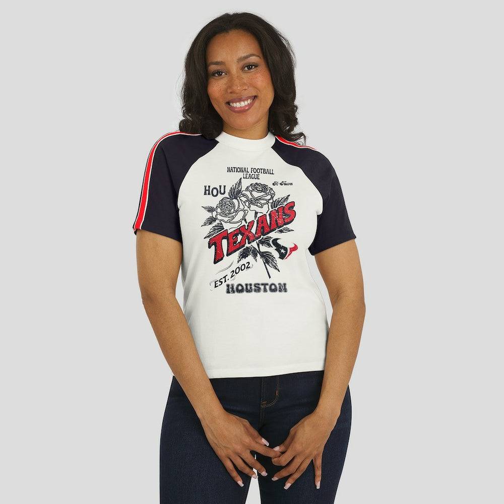 Houston Texans WEAR by Erin Andrews Women's Sleeve Stripe Distressed Raglan T-Shirt White