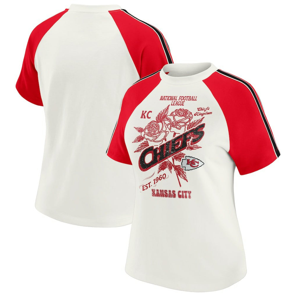 Kansas City Chiefs WEAR by Erin Andrews Women's Sleeve Stripe Distressed Raglan T-Shirt White