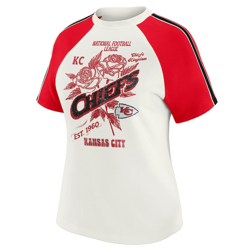 Kansas City Chiefs WEAR by Erin Andrews Women's Sleeve Stripe Distressed Raglan T-Shirt White
