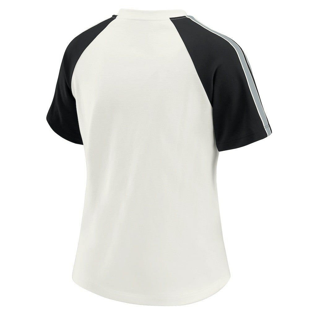 Las Vegas Raiders WEAR by Erin Andrews Women's Sleeve Stripe Distressed Raglan T-Shirt White