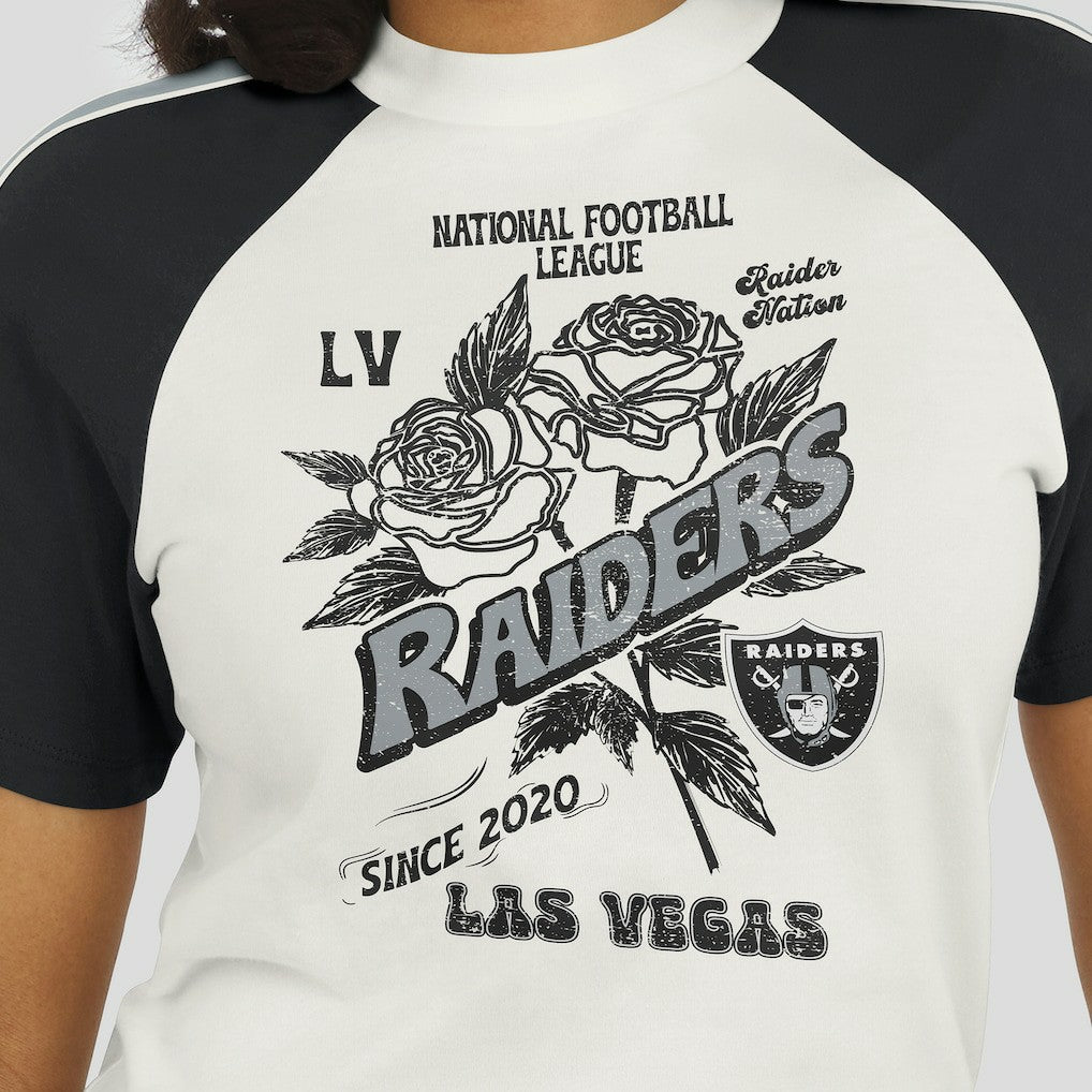 Las Vegas Raiders WEAR by Erin Andrews Women's Sleeve Stripe Distressed Raglan T-Shirt White