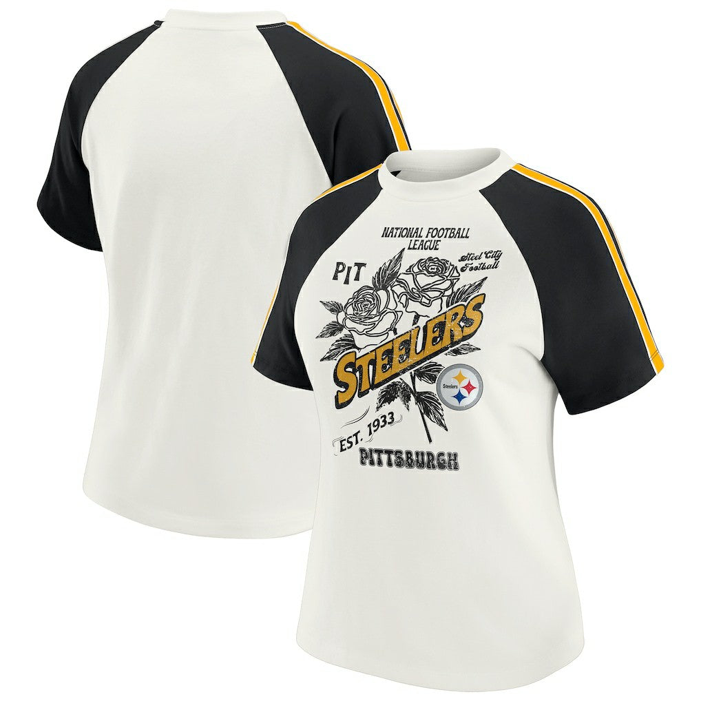 Pittsburgh Steelers WEAR by Erin Andrews Women's Sleeve Stripe Distressed Raglan T-Shirt White